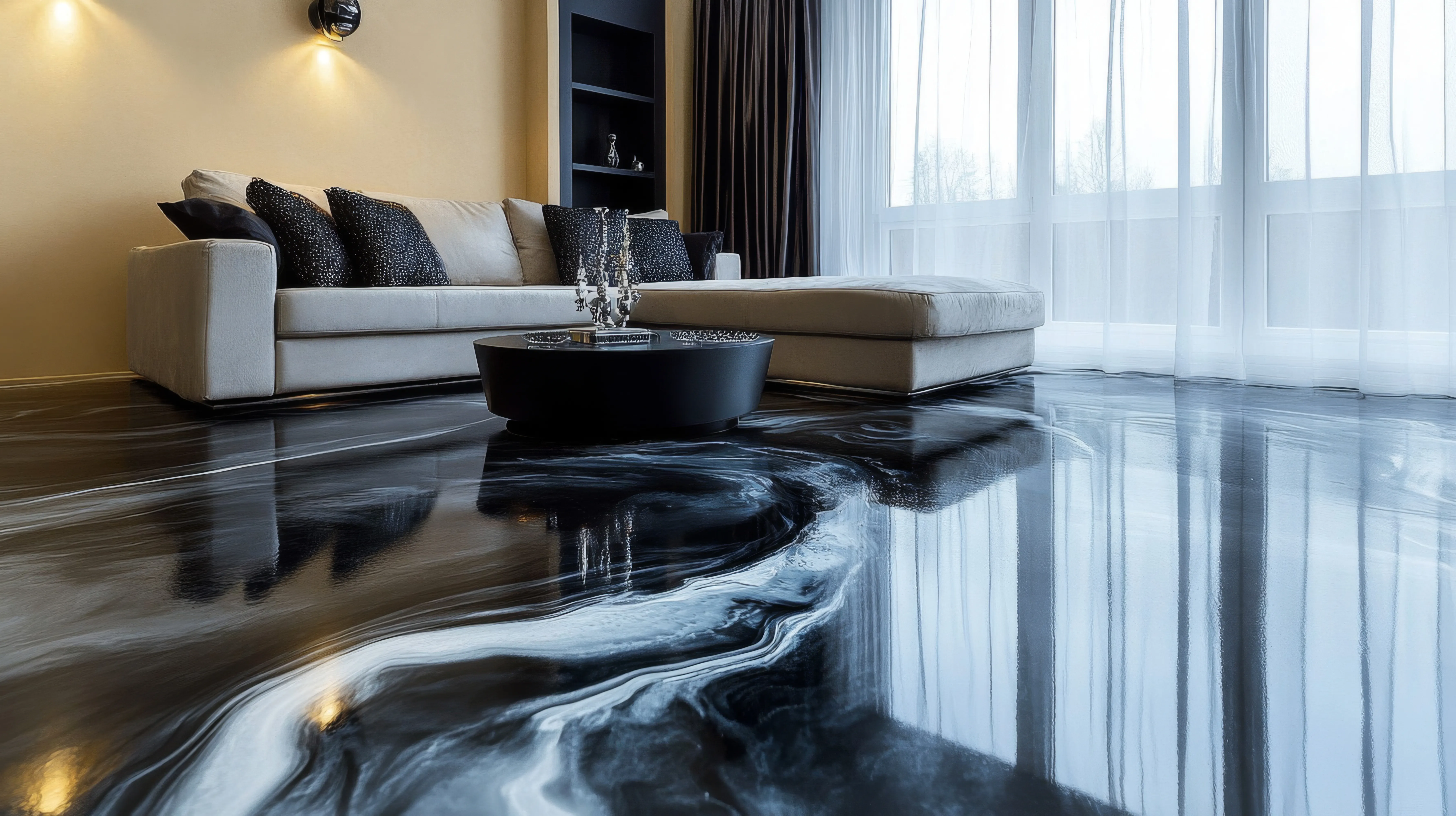 A living room with a white couch and black marble floor.